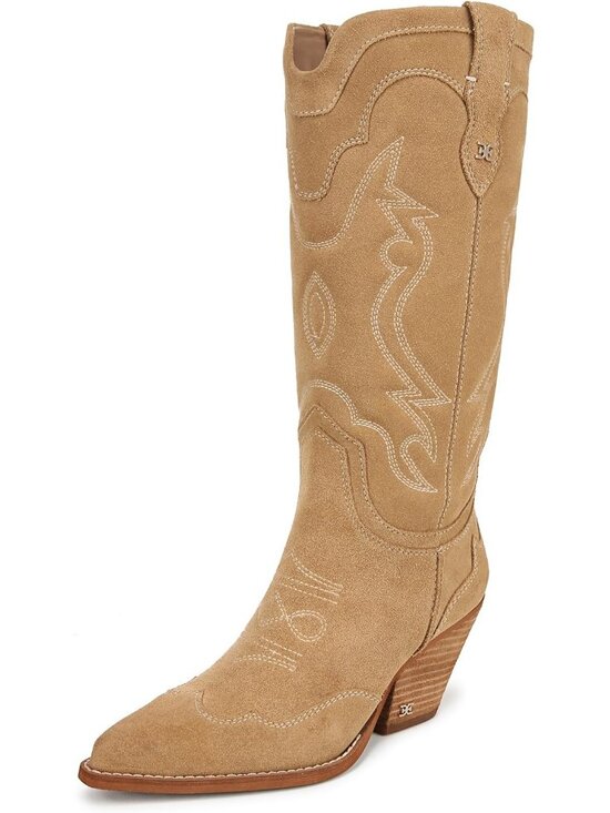Sam Edelman Women's James Safari Tan Wide Calf Slip On Cowboy Boot Cuban Heel